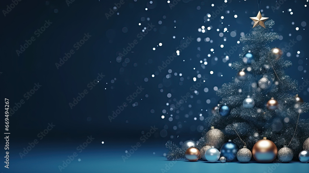 Merry Christmas and Happy New Year. Christmas tree, silver glass balls, stars, sequins on blue background
