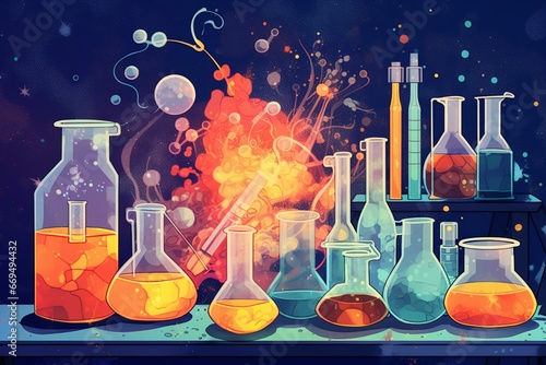 Illustration of chemicals and scientific objects on a background related to chemistry. Generative AI