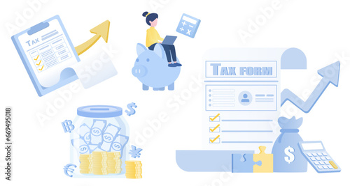 Payment and tax collection set. Tax form, filling form and apply submit annual process. Financial management, financial accounting, tax document, saving money. Flat vector design illustration.