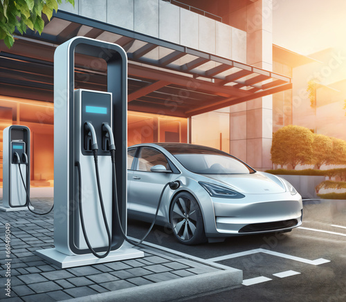 Futuristic electric car charging station, modern fast electric car charger for charging the car while parked

