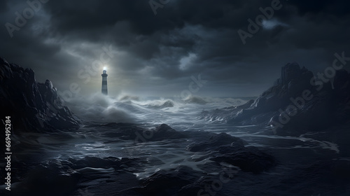 Lighthouse in the sea at night