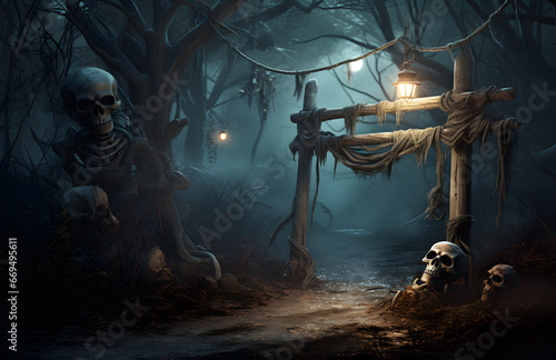 Scary Halloween background with human skull, cross and magic lanterns