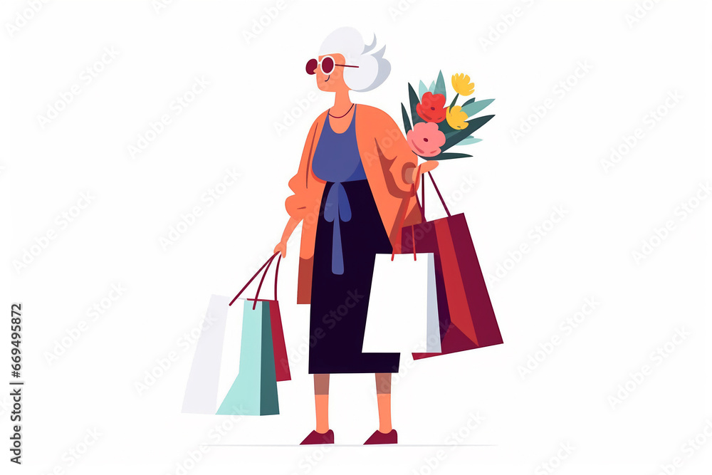 Happy Cheerful Senior Woman Holding Shopping Bags . Excited granny going on a shopping spree