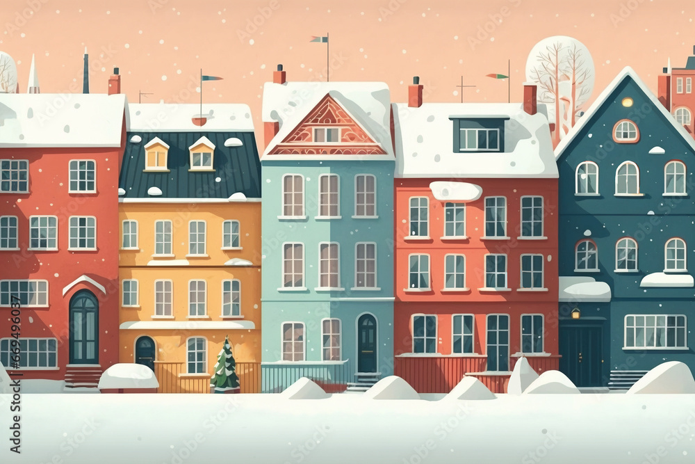 Merry Christmas horizontal banner with european city landscape. Scandinavian architecture. Buildings skyline.