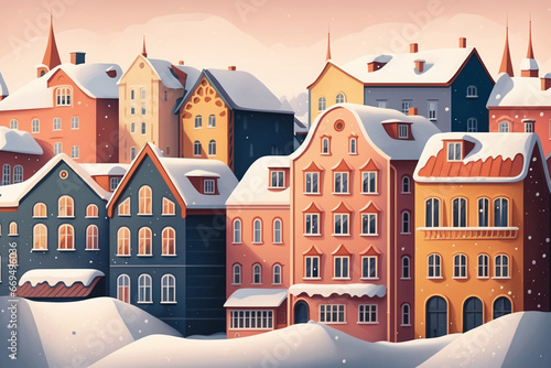 Cozy snowy town on the background of a winter landscape. Cute christmas houses  falling snow  snowdrifts  winter forest. Happy New Year and Merry Christmas. Horizontal banner in Scandinavian style.