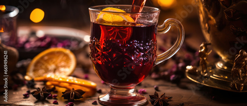 Cozy scene of mulled wine being poured into a glass.