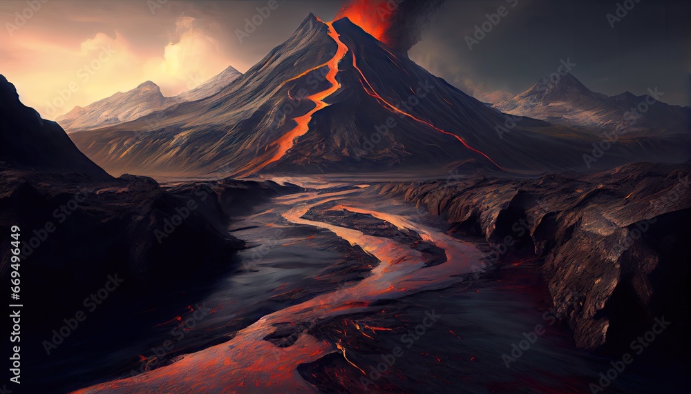 Hot magma pouring from volcano AI generative illustration