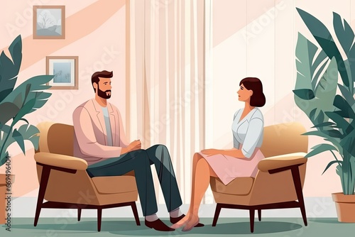 Visit to a Psychologist, Sad Man Talks with Psychotherapist, Generative AI Illustration © artemstepanov