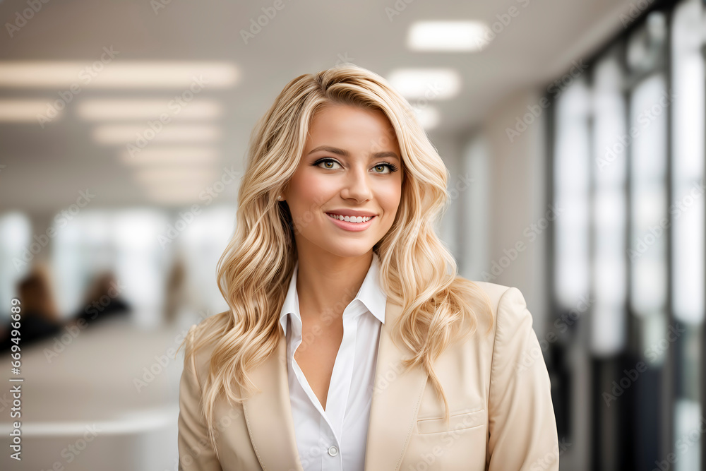 Obraz premium A young woman with long wavy blonde hair. She smiles and looks at the camera. The woman has fair skin, blue eyes and neutral makeup. She is wearing a white shirt and a beige coat