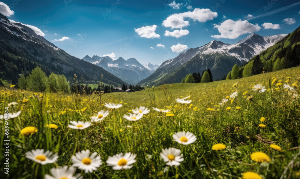 A lush meadow of blooming daisies contrasts snowy mountain peaks.
