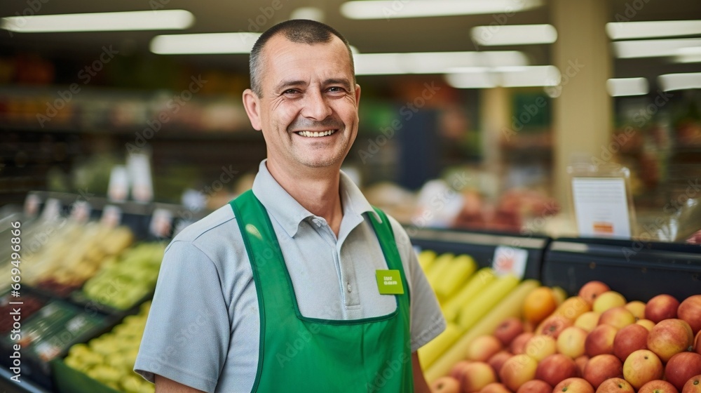Old man smiling working at a supermarket in vegetables section, people shopping in background, generative AI. Old man smiling working at a supermarket in vegetables section, people shopping in background, generative AI.