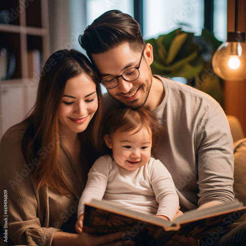 Happy young multi ethnic diverse parents, having fun, using digital tablet computer holding cute little mixed race baby child sitting on couch in modern cozy living room at home together.