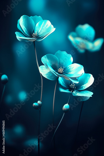Beautiful Ethereal Luminous Teal Color Flowers Abstract Background 
