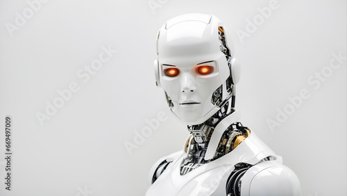 A robot with a white and metallic exterior that has bright red glowing eyes is on a white background. The robot's internal components, such as wires and mechanisms, are partially visible.