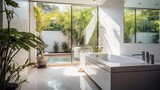 Modern interior bathroom, nice bathtub against glass wall, pool in the backyard.