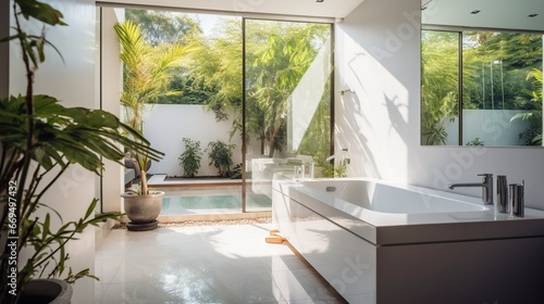 Modern interior bathroom, nice bathtub against glass wall, pool in the backyard. photo