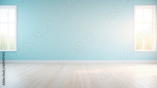 Blank dark green and sky blue wall in house  baseboard on wooden parquet in sunlight for luxury interior design decoration