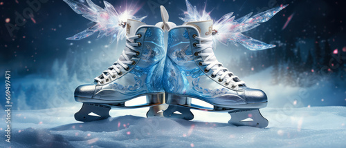 Close up of figure skates. Winter sport leisure. Ornamental ice skates icons. Decorative winter illustration. Generative ai photo