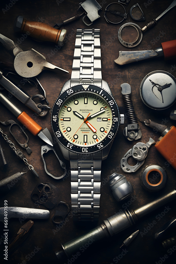 Wristwatch and tools on dark background. Vintage style toned picture