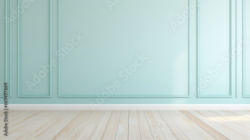 Blank dark green and sky blue wall in house  baseboard on wooden parquet in sunlight for luxury interior design decoration