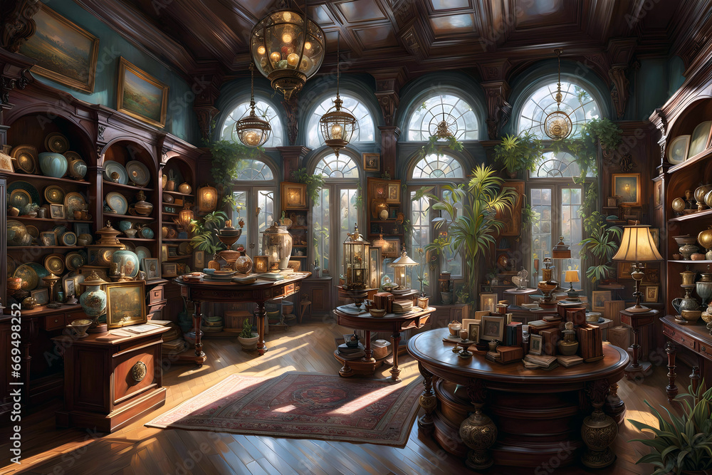 Obraz premium The interior of an old cluttered antique store full of curios and mysterious rare objects