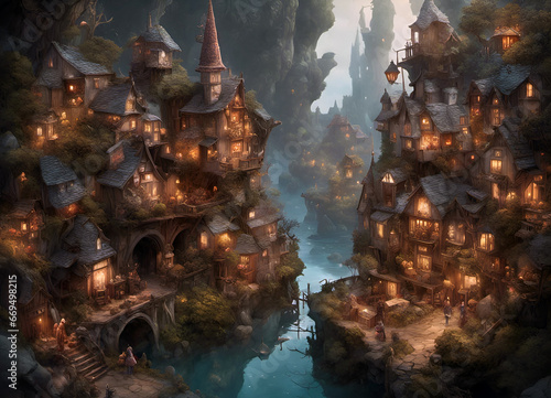 a fantasy style storybook fairytale village with illuminated houses in a river valley