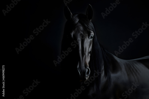 Beautiful black horse portrait on a dark background. Portrait of a horse