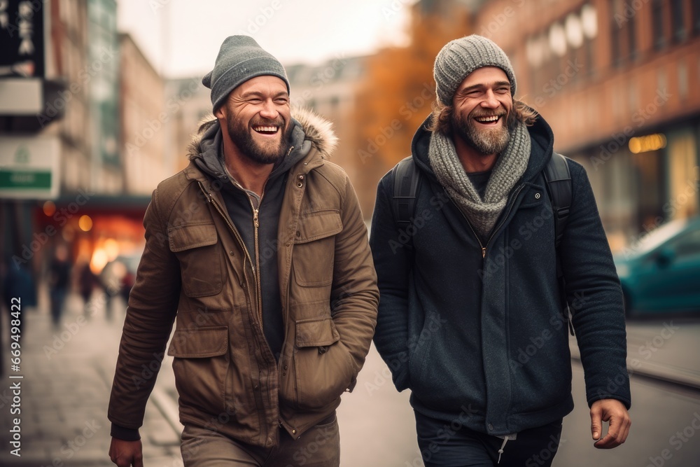 Two young men, both with beards, are on the street in the city. They are captured in a fun and happy moment, reflecting their strong friendship and positive bond. Two young men, both with beards, are on the street in the city. They are captured in a fun and happy moment, reflecting their strong friendship and positive bond.