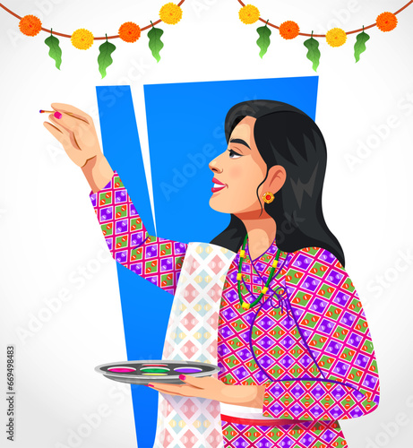 Vector side profile of a beautiful Nepali woman applying tika and holding Tika thali on the occasion of Bhai Tika or Bhai Tihar