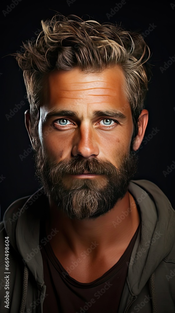 Close-up portrait of his he nice attractive bearded confident calm brown-haired guy on background. Man face portrait illustration. Generative AI art