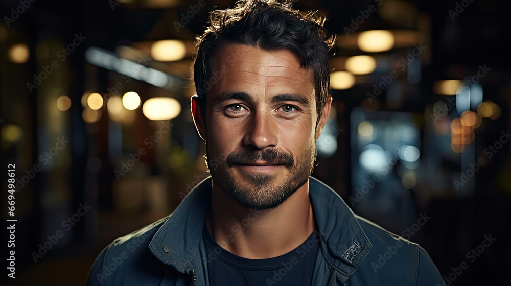 Portrait of young smiling caucasian man with crossed arms, wearing smart watch and casual denim shirt, on white. Man portrait illustration. Generative AI Portrait of young smiling caucasian man with crossed arms, wearing smart watch and casual denim shirt, on white. Man portrait illustration. Generative AI