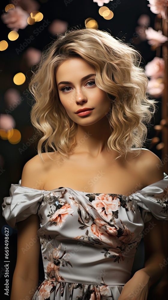 Blonde girl with perfect makeup. Smiling beautiful model woman with long curly hairstyle. Care and beauty hair products. Model in white festive dress. Model illustration. Generative AI Blonde girl with perfect makeup. Smiling beautiful model woman with long curly hairstyle. Care and beauty hair products. Model in white festive dress. Model illustration. Generative AI