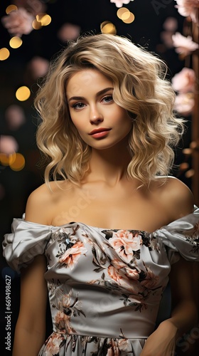 Blonde girl with perfect makeup. Smiling beautiful model woman with long curly hairstyle. Care and beauty hair products. Model in white festive dress. Model illustration. Generative AI