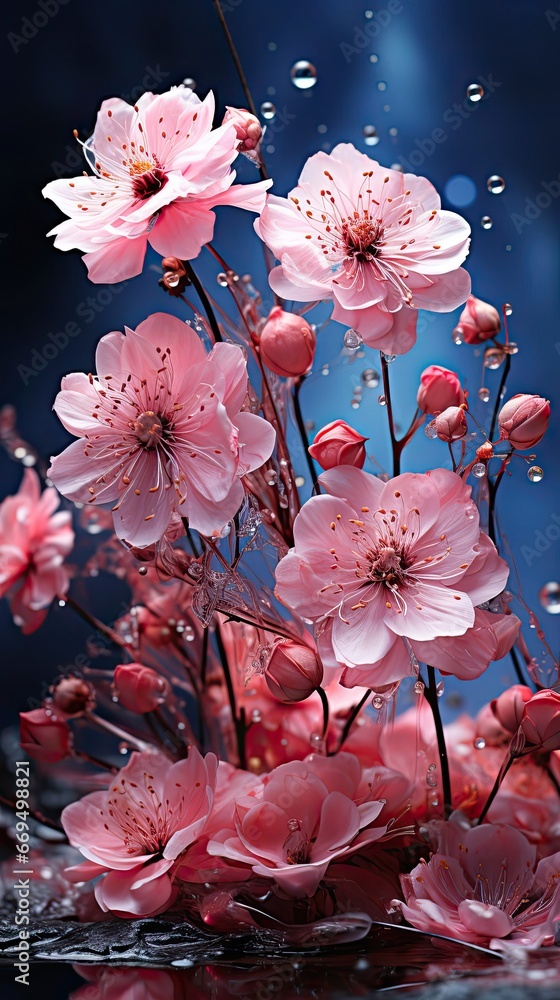 Beautiful pink flower anemones fresh spring morning on nature and fluttering butterfly on background, macro. Floral flower illustration. Generative AI