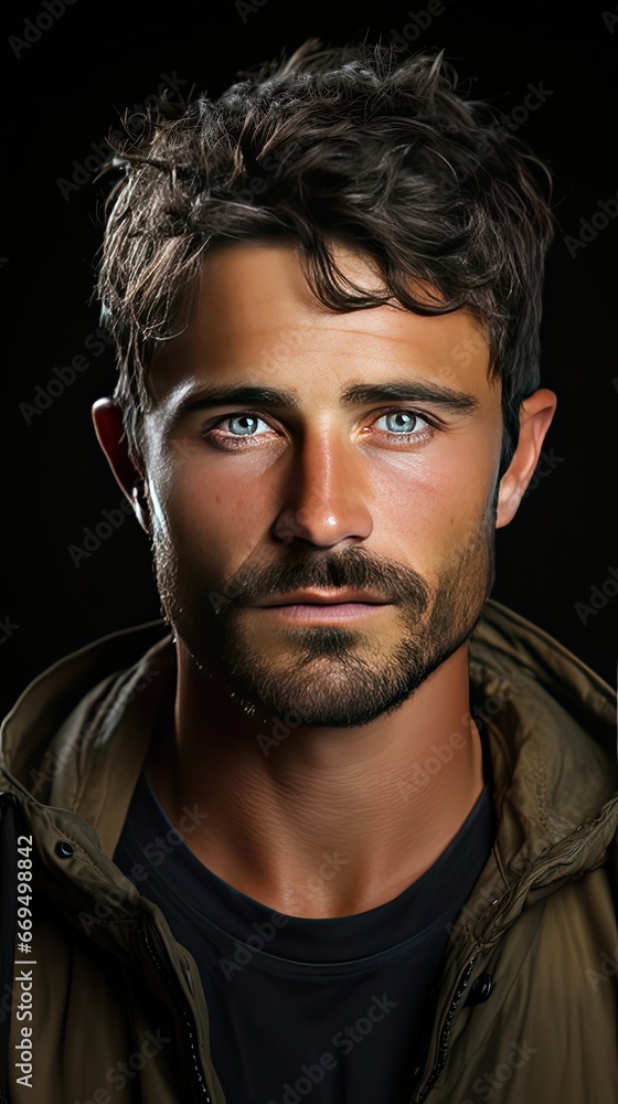 Fototapeta premium Face of handsome Hispanic man looking at camera. Man face portrait illustration. Generative AI