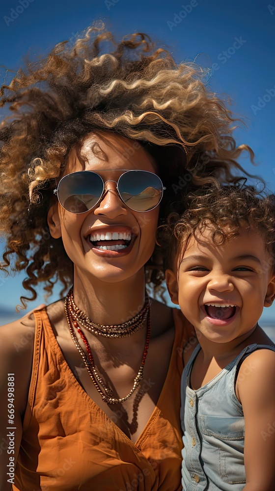 Smiling black mother and beautiful daughter wearing sunglasses having fun on the beach. Portrait of happy african american woman with her cute little girl wearing shades. Generative AI art Smiling black mother and beautiful daughter wearing sunglasses having fun on the beach. Portrait of happy african american woman with her cute little girl wearing shades. Generative AI art