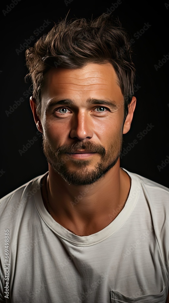 Close up portrait of smiling handsome man in white t-shirt on background. Man face portrait illustration. Generative AI Close up portrait of smiling handsome man in white t-shirt on background. Man face portrait illustration. Generative AI