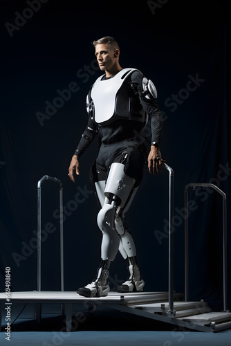 Full length portrait of a male robot standing on a platform