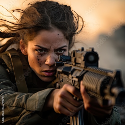 An woman Israeli soldier with full gear in a ready stance © cristian