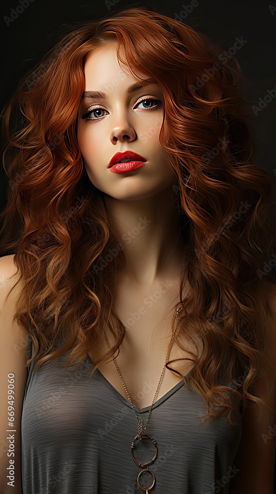 Beautiful woman in profile with long and shiny wavy hair. Beauty model girl with curly hairstyle. Model illustration. Generative AI Beautiful woman in profile with long and shiny wavy hair. Beauty model girl with curly hairstyle. Model illustration. Generative AI
