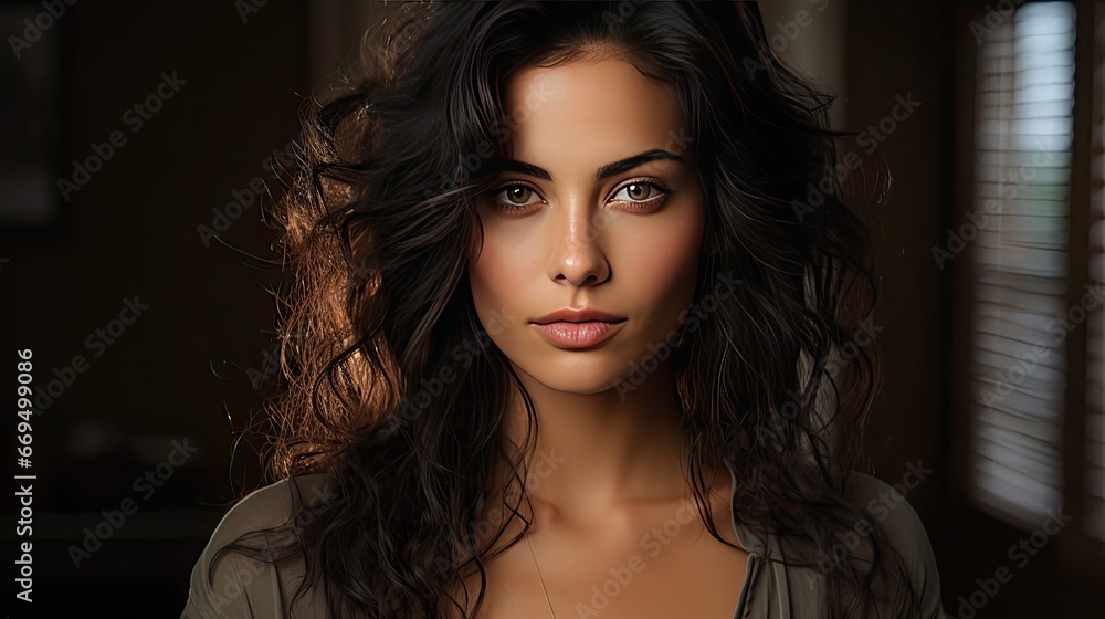 Close up horizontal front portrait of attractive young indian woman with serious expression on face. Woman portrait illustration. Generative AI Close up horizontal front portrait of attractive young indian woman with serious expression on face. Woman portrait illustration. Generative AI