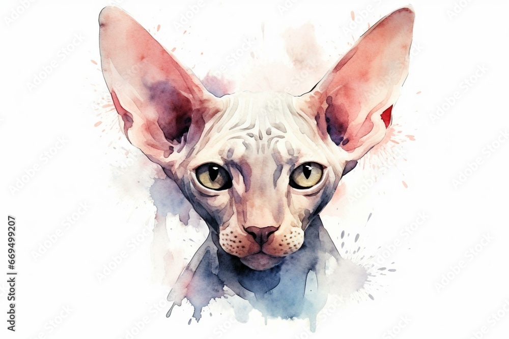 Watercolor illustration of a hairless cat on a white background. Generative AI