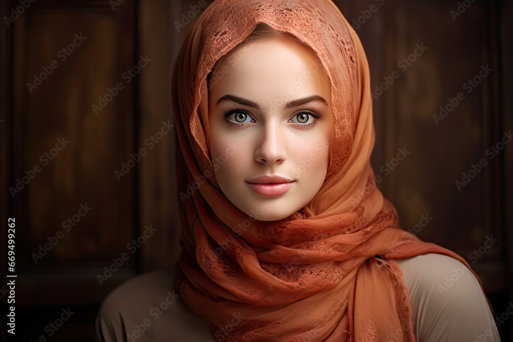 Studio portrait of a beautiful young Muslim woman wearing a scarf, representing her elegance and cultural identity. Studio portrait of a beautiful young Muslim woman wearing a scarf, representing her elegance and cultural identity.
