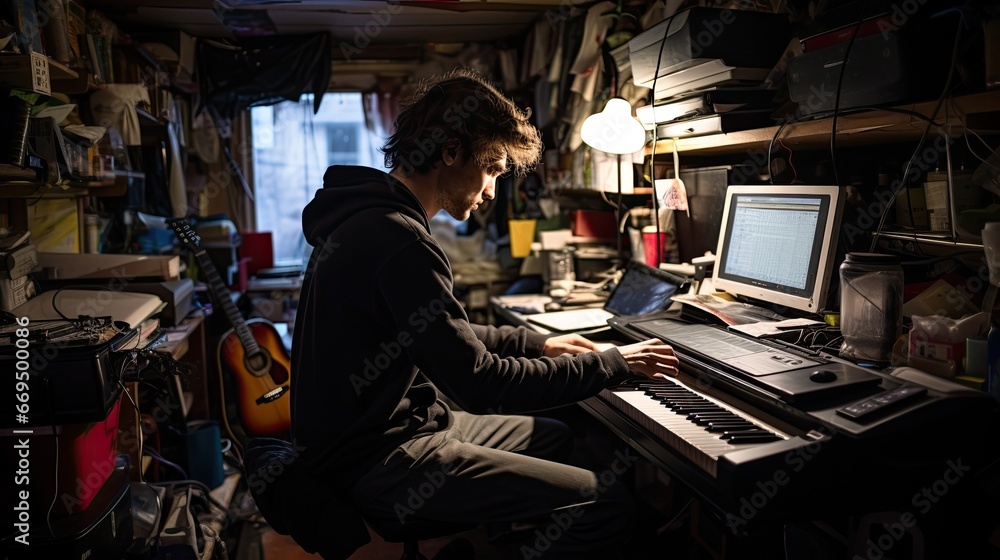 A young man plays the keyboard in a small, box room office. He is surrounded by clutter that link him to a creative occupation such as a singer / songwriter or performer.

