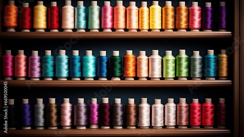 A pile of multicoloured spools of sewing thread on a dark set of shelves 