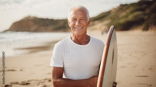 A portrait of a senior man in the back standing on the beach with a surfboard 