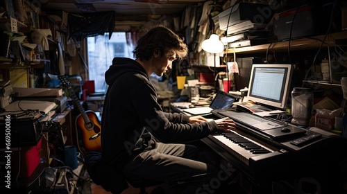 A young man plays the keyboard in a small, box room office. He is surrounded by clutter that link him to a creative occupation such as a singer / songwriter or performer. 