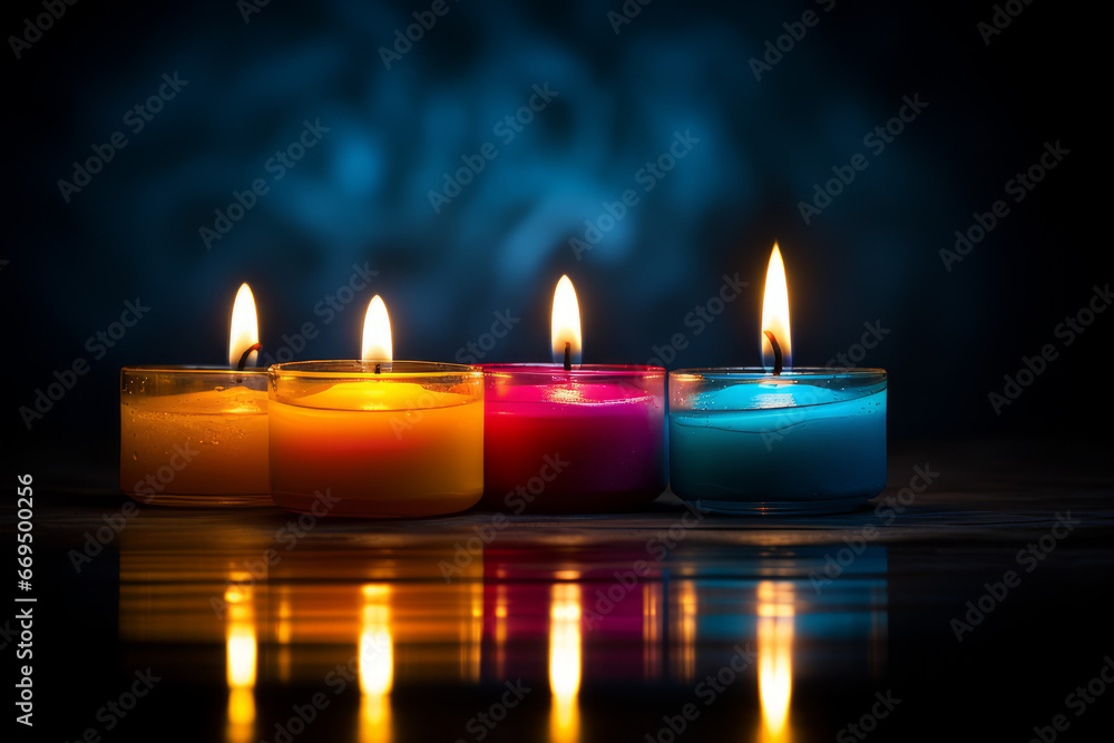 Group of four candle lights, with dark background, with space for text Group of four candle lights, with dark background, with space for text