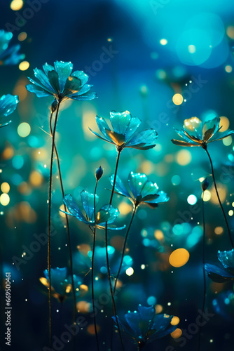 Beautiful Ethereal Luminous Teal Color Flowers Abstract Background  © LadyAI