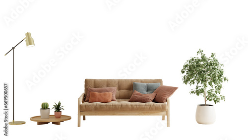Living room wall mockup with brown sofa and decor on transparent background